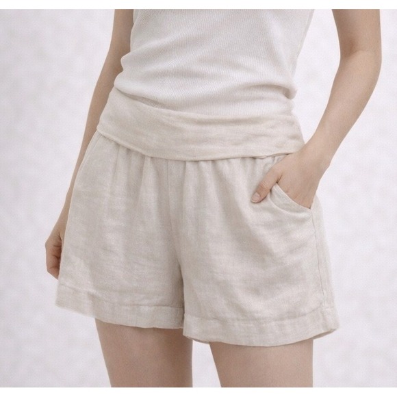 4Our Dreamers Pants - Linen Foldover Waist Shorts Small Cream Pull On Lounge Beach Coastal Vacation